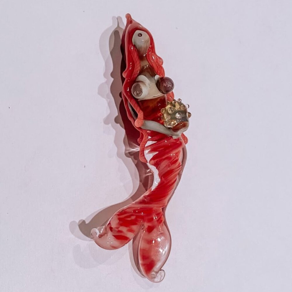 Hand Made Glass Blown Little Mermaid Necklace Pendant Holding Urchin Ariel